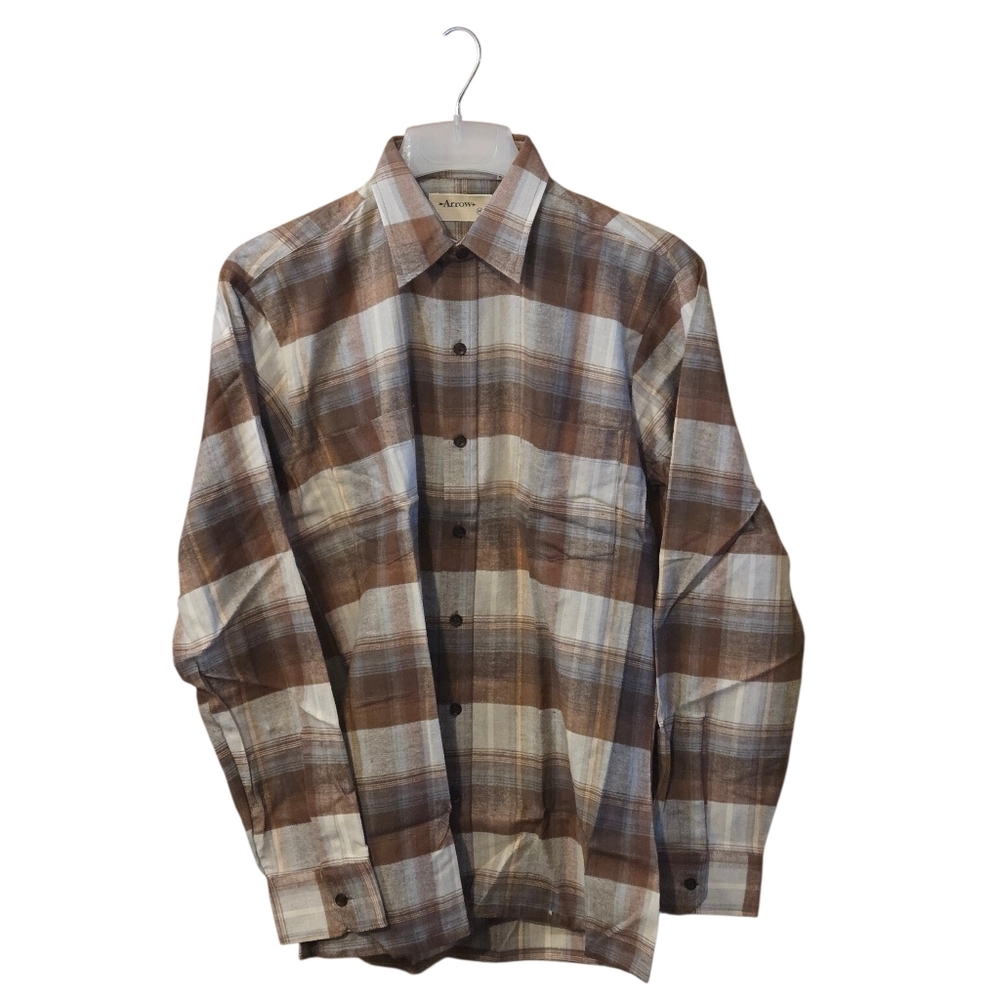 Y2K Arrow Plaid Flannel Shirt Men’s M Brown Beige Rust Blue | NWOT - Picture 3 of 15